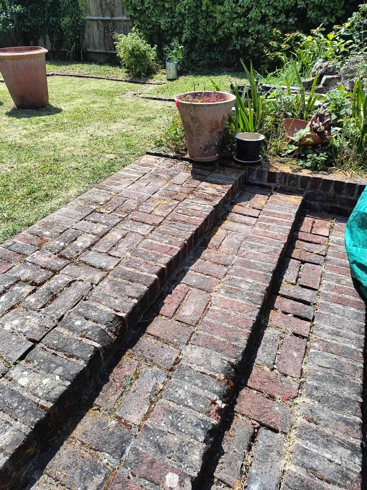 Brick path and terracotta planters in a back garden near Walmer after a strim and tidy, lawn cut behind