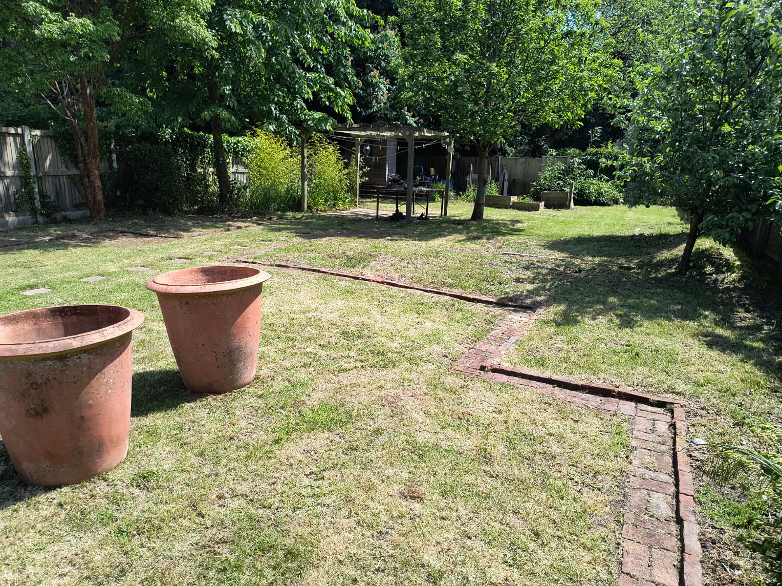 Wide view of the mown back garden near Walmer with terracotta planters in the foreground and trees behind