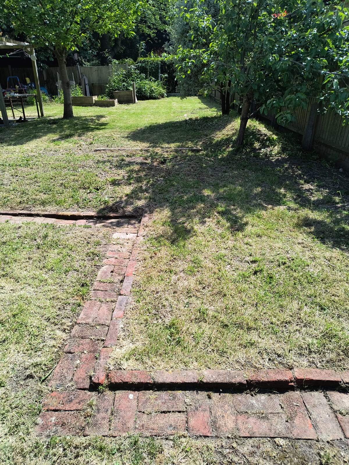 Brick stepping-stone path through the freshly cut back lawn near Walmer, looking towards the back of the property